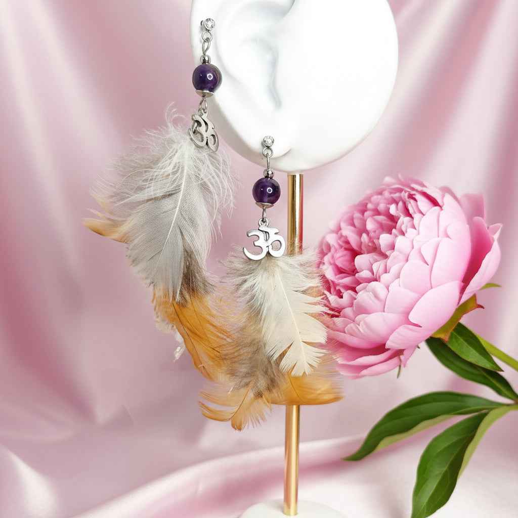 Boucle en améthyste & Plumes sacrées, ailes de fée, doré ou argenté au choix