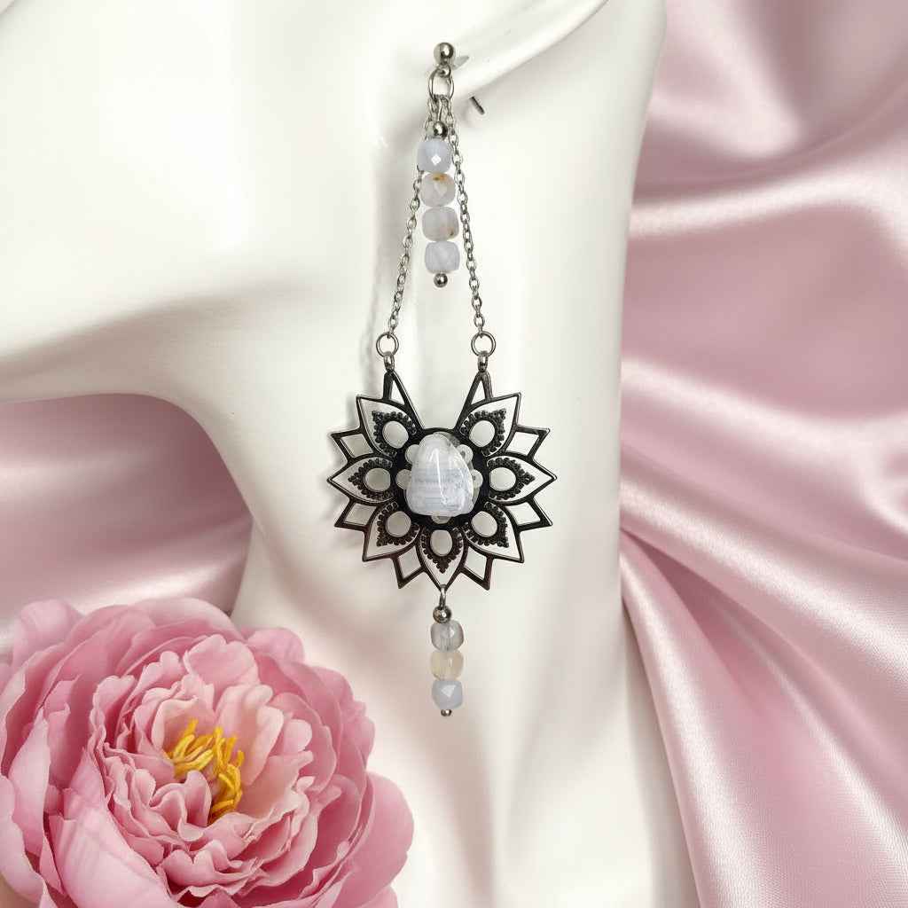 Collier et boucles d'oreilles céleste en calcédoine bleue