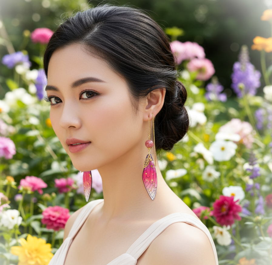 Boucles d'oreilles Ailes de fée en Rhodonite, dorée