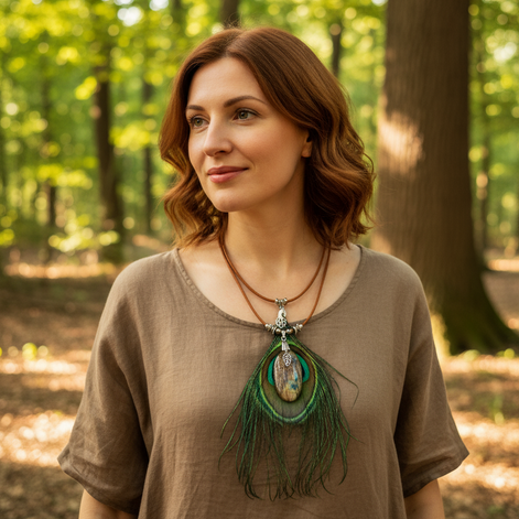 Collier chaman en labradorite, cuir naturel et plume de paon