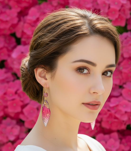 Boucles d'oreilles Ailes de fée en Rhodonite, dorée