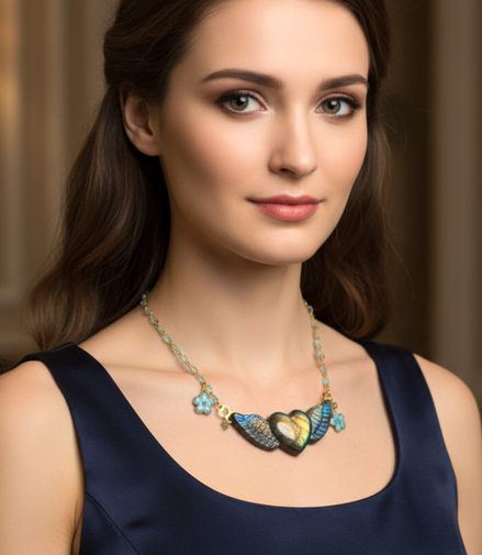 Collier turquoise doré coeur en labradorite xxl