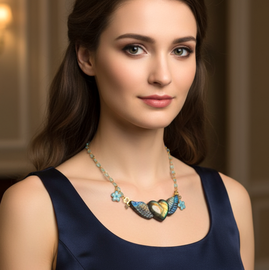 Collier turquoise doré coeur en labradorite xxl