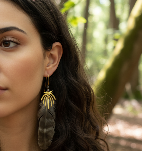 Boucles d'oreilles créoles en quartz et plume