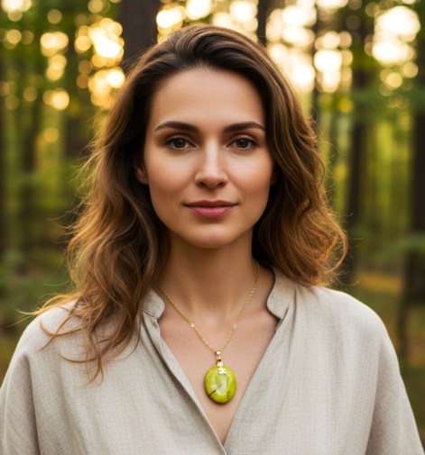 Collier doré opale verte extra, feuille, réglable