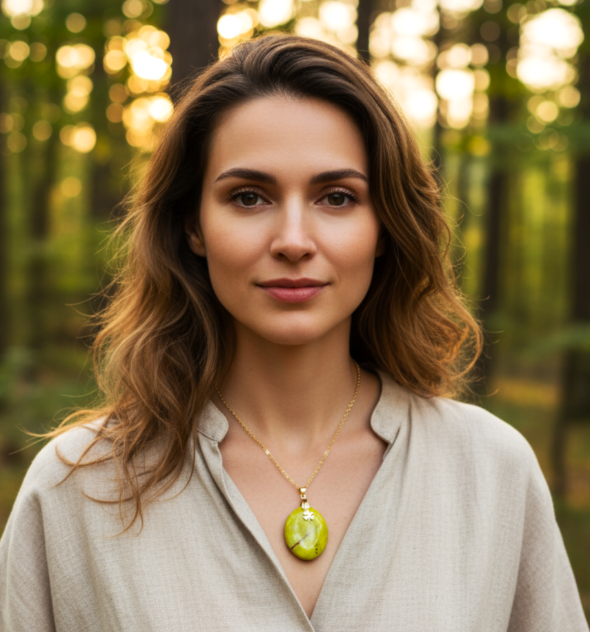 Collier doré opale verte extra, feuille, réglable