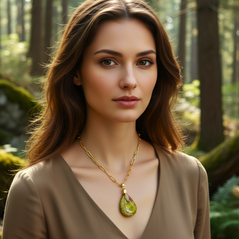 Collier doré opale verte extra, feuille, réglable