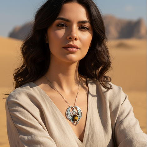 Collier scarabée khépri et labradorite larvikite ou oeil de tigre