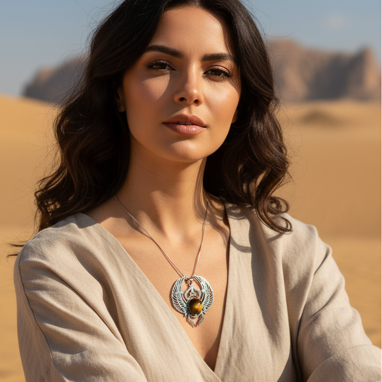 Collier scarabée khépri et labradorite larvikite ou oeil de tigre