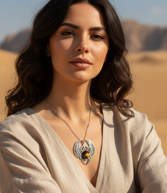 Collier scarabée khépri et labradorite larvikite ou oeil de tigre