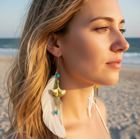 Boucles d'oreilles forêt enchantée, amazonite, plume blanche