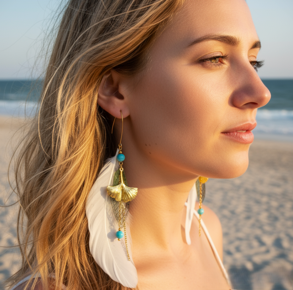 Boucles d'oreilles forêt enchantée, amazonite, plume blanche