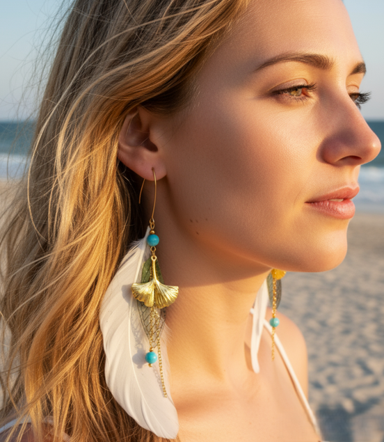 Boucles d'oreilles forêt enchantée, amazonite, plume blanche