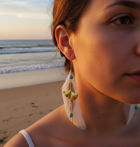 Boucles d'oreilles forêt enchantée, amazonite, plume blanche