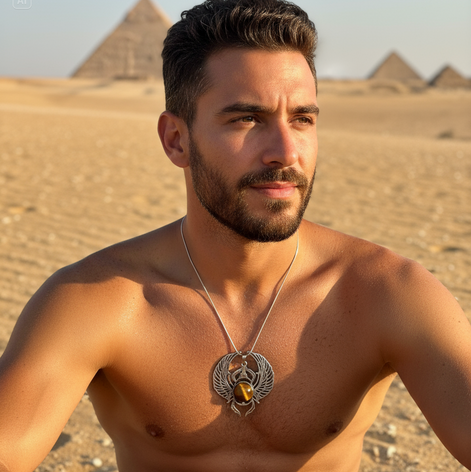 Collier scarabée khépri et labradorite larvikite ou oeil de tigre