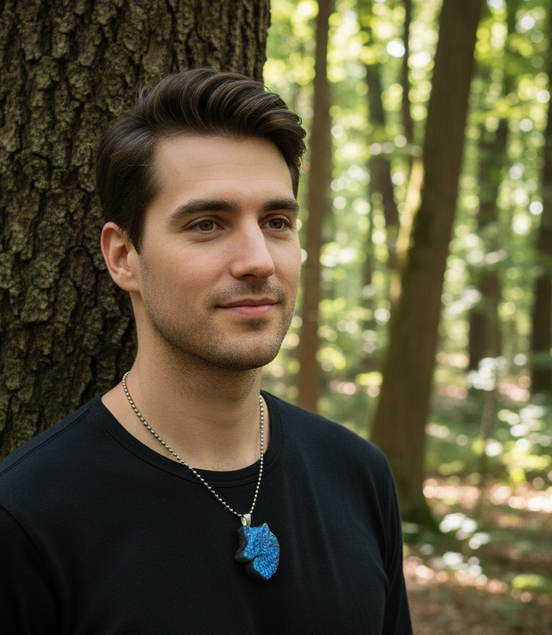 Collier argenté en labradorite loup sculpté