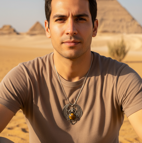 Collier scarabée khépri et labradorite larvikite ou oeil de tigre