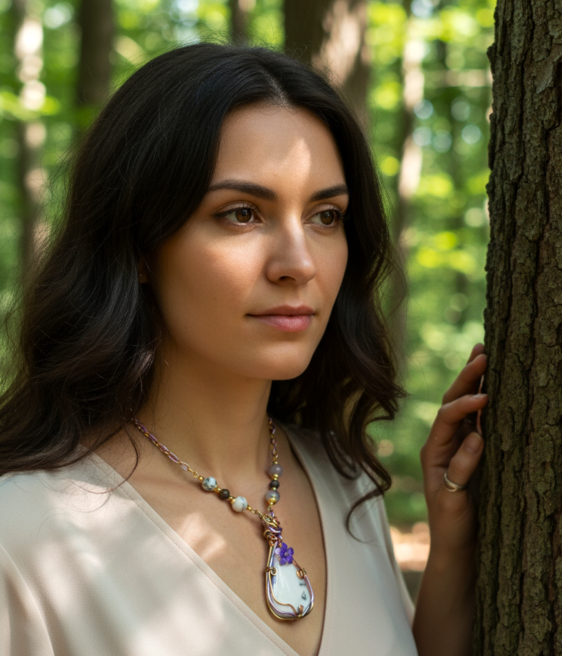 Collier violet et Pendentif en merlinite sertissage cuivre