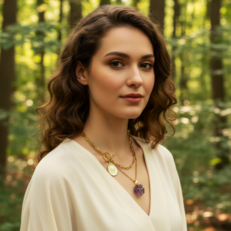 Collier doré "Amour de chat" en fluorite violette clair
