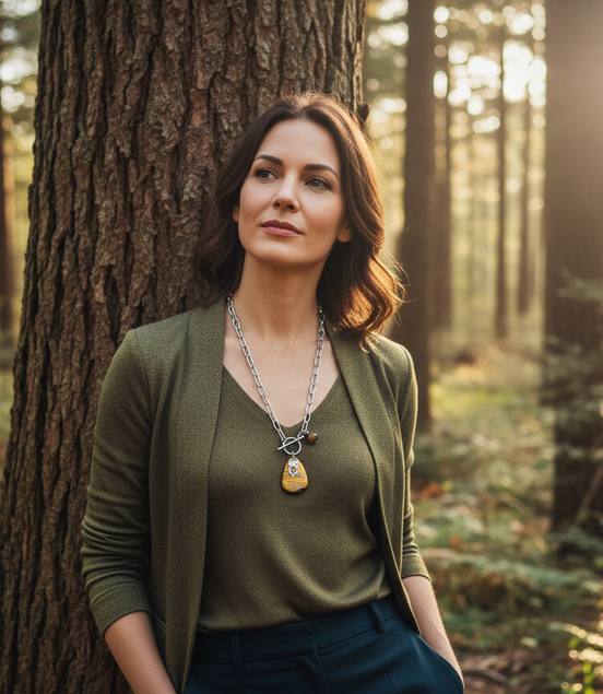 Collier argenté en Œil de Tigre et Hibou