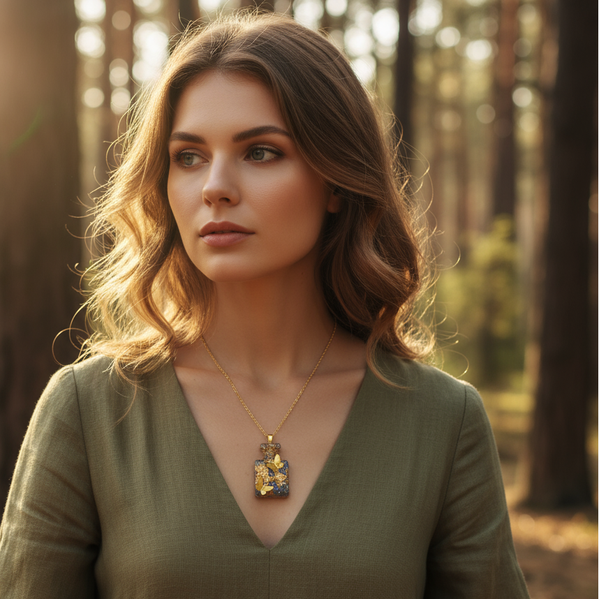 Collier doré papillon en labradorite, orgonite, pièce unique