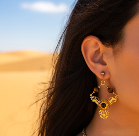 Boucles d'oreilles phénix doré en oeil de tigre