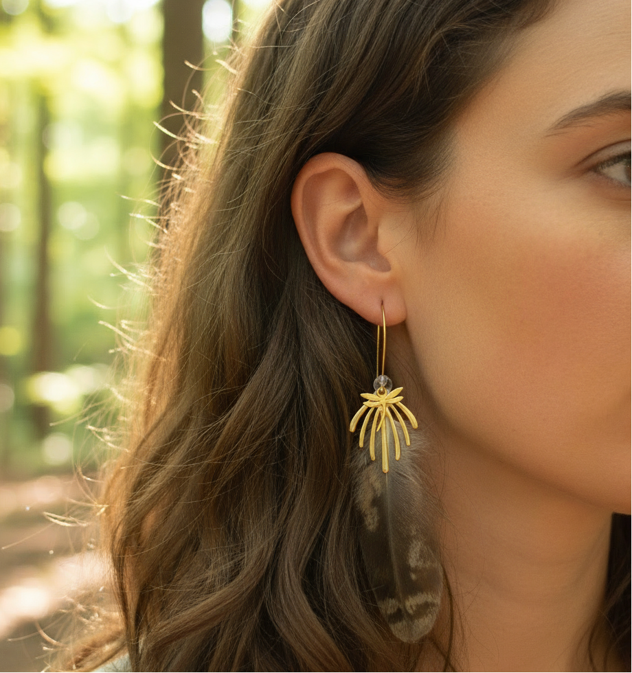 Boucles d'oreilles créoles en quartz et plume