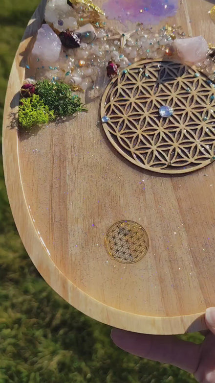 Création plateau fleur de vie pierre cristaux résine