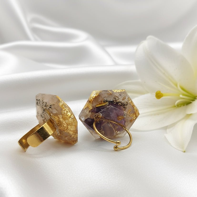 Bague orgonite merkaba en labradorite, apatite, améthyste, quartz rose - Secret de Cristaux