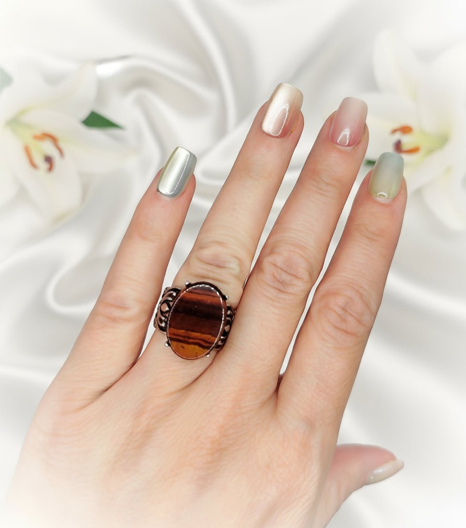 Bague en oeil de tigre ou taureau, argenté, ajustable, au choix - Secret de Cristaux