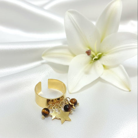 Bague doré en oeil de tigre, étoilé et Ajustable - Secret de Cristaux