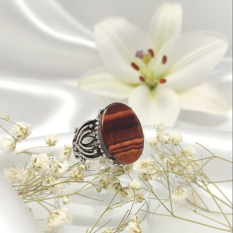 Bague en oeil de tigre ou taureau, argenté, ajustable, au choix - Secret de Cristaux