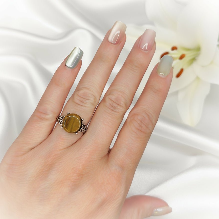 Bague en oeil de tigre ou taureau, argenté, ajustable, au choix - Secret de Cristaux