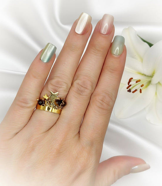 Bague doré en oeil de tigre, étoilé et Ajustable - Secret de Cristaux