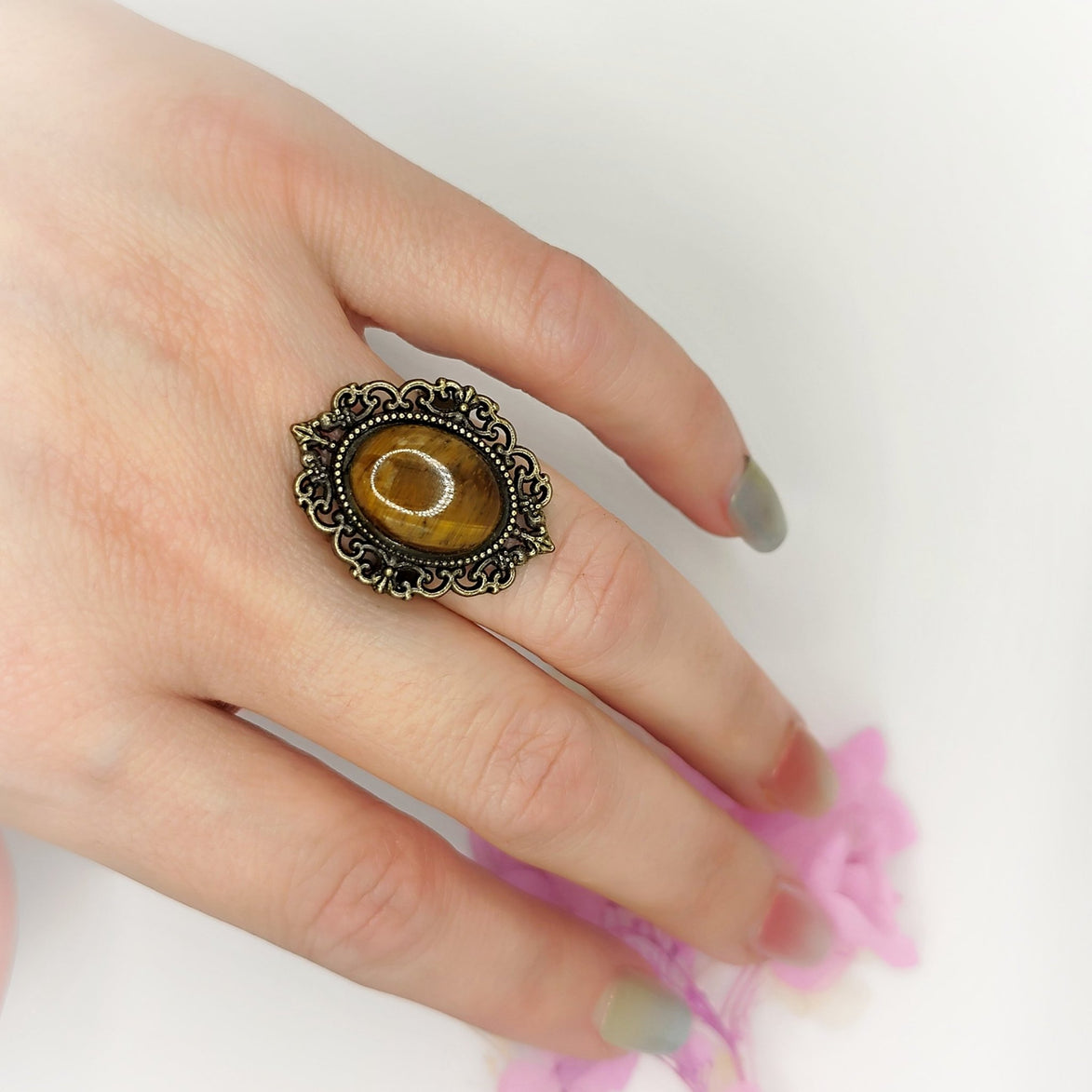 Bague en oeil de tigre ou taureau, argenté, ajustable, au choix - Secret de Cristaux