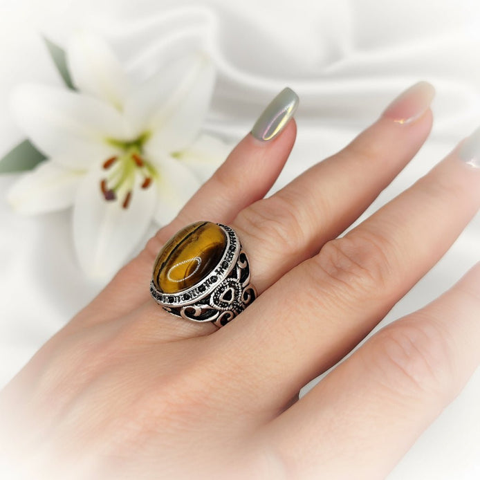 Bague en oeil de tigre ou taureau, argenté, ajustable, au choix - Secret de Cristaux