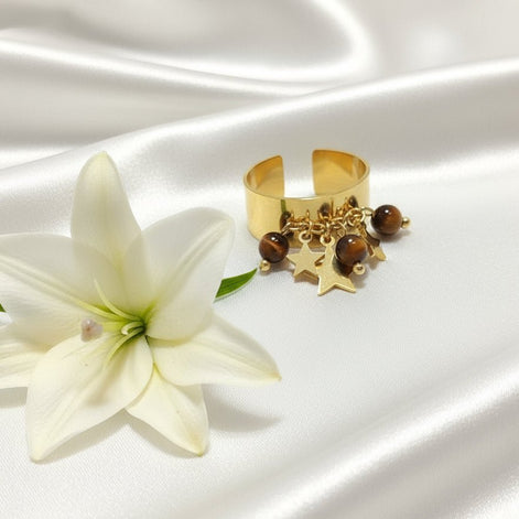 Bague doré en oeil de tigre, étoilé et Ajustable - Secret de Cristaux