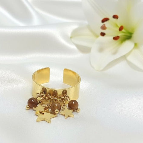 Bague doré en oeil de tigre, étoilé et Ajustable - Secret de Cristaux