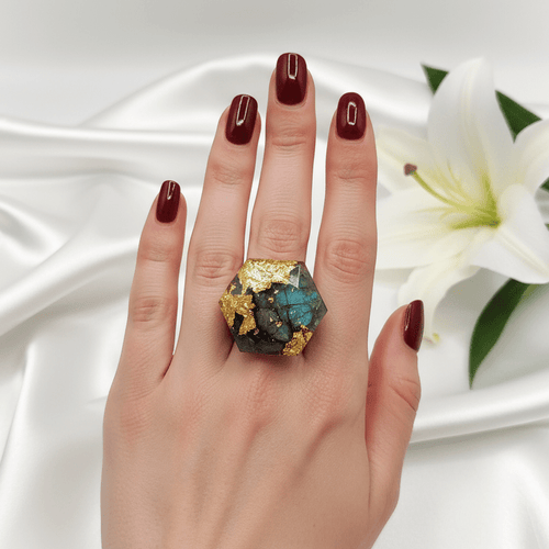 Bague orgonite merkaba en labradorite, apatite, améthyste, quartz rose - Secret de Cristaux