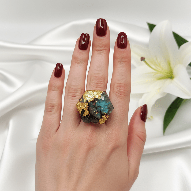 Bague orgonite merkaba en labradorite, apatite, améthyste, quartz rose - Secret de Cristaux