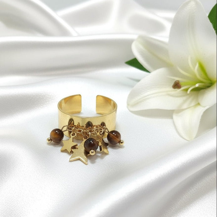 Bague doré en oeil de tigre, étoilé et Ajustable - Secret de Cristaux