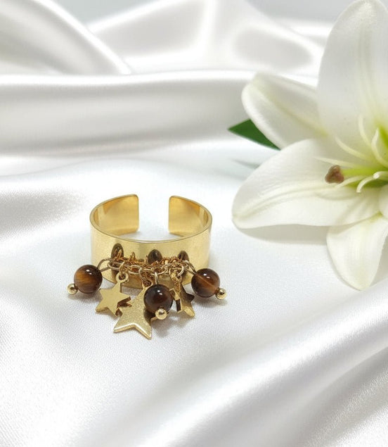 Bague doré en oeil de tigre, étoilé et Ajustable - Secret de Cristaux