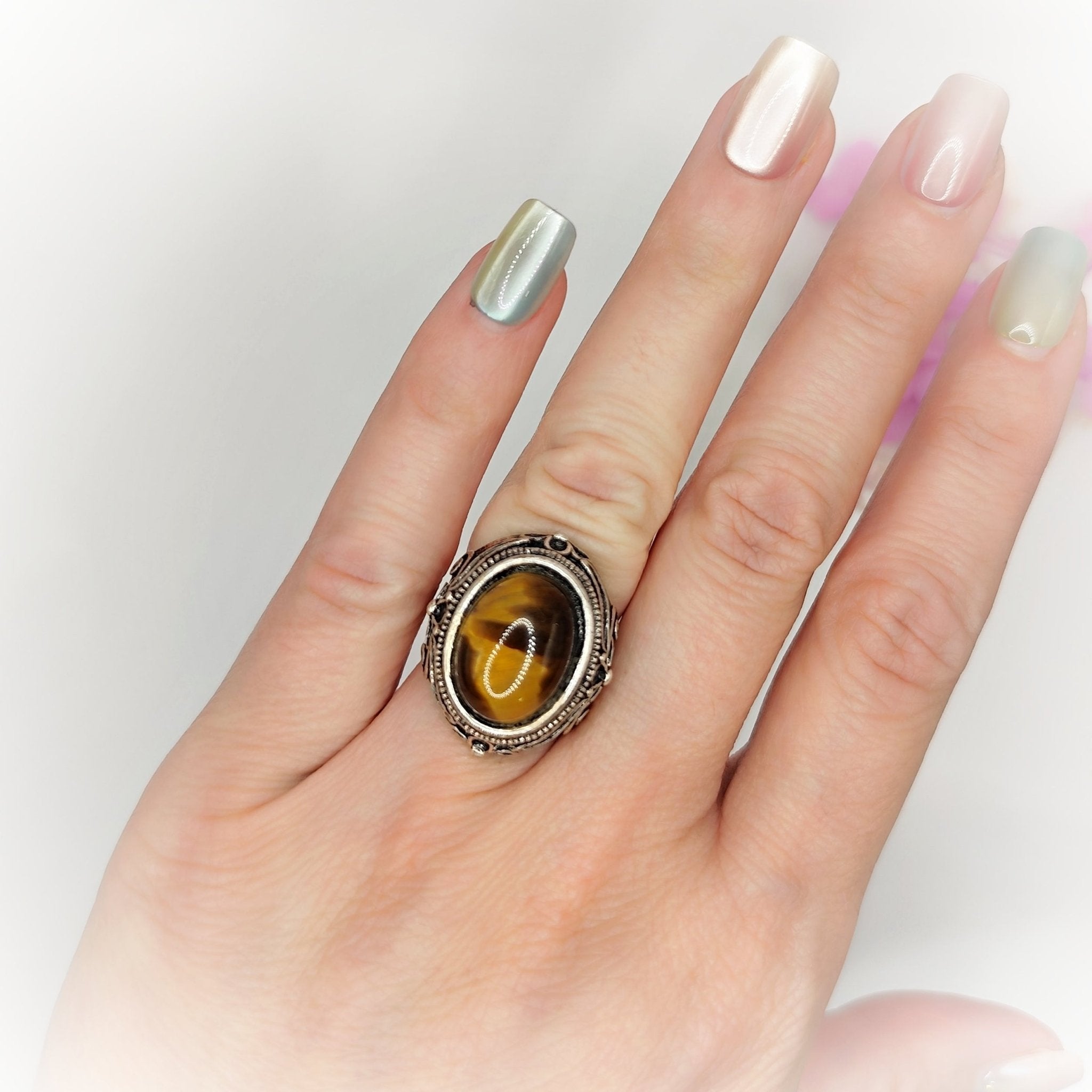 Bague en oeil de tigre ou taureau, argenté, ajustable, au choix - Secret de Cristaux