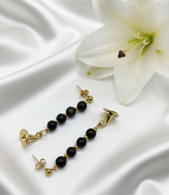 Boucles d'oreilles wicca doré en Obsidienne, améthyste, merlinite - Secret de Cristaux