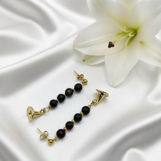 Boucles d'oreilles wicca doré en Obsidienne, améthyste, merlinite - Secret de Cristaux