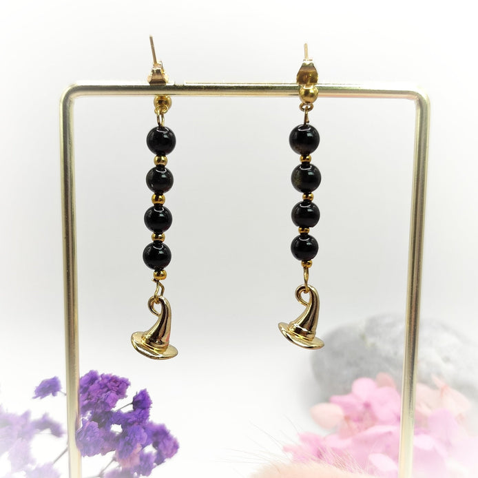 Boucles d'oreilles wicca doré en Obsidienne, améthyste, merlinite - Secret de Cristaux