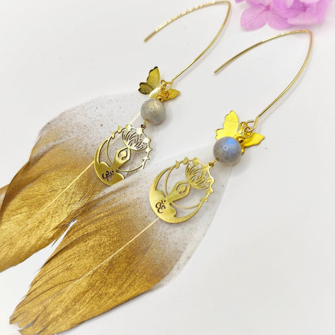 Boucles d'oreilles "plume divine" labradorite et papillon - Secret de Cristaux