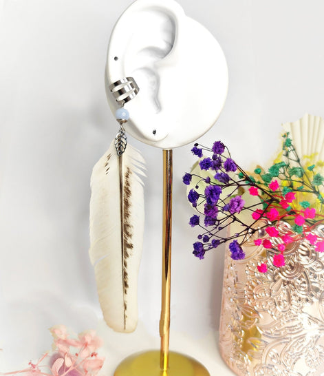 Anneau manchette doré chaman pierre et plume naturelle - Secret de Cristaux