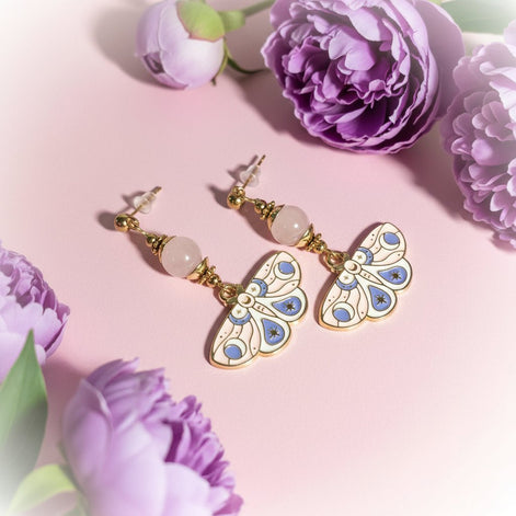 Boucles d'oreilles papillons quartz rose, apatite ou rhodochrosite - Secret de Cristaux