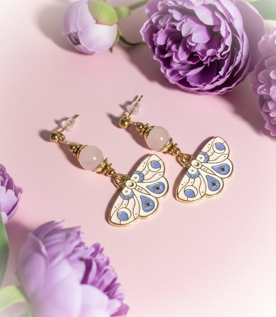 Boucles d'oreilles papillons quartz rose, apatite ou rhodochrosite - Secret de Cristaux